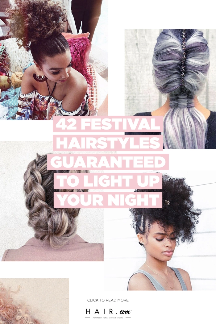 A woman with glowing braids and glitter at a nighttime festival