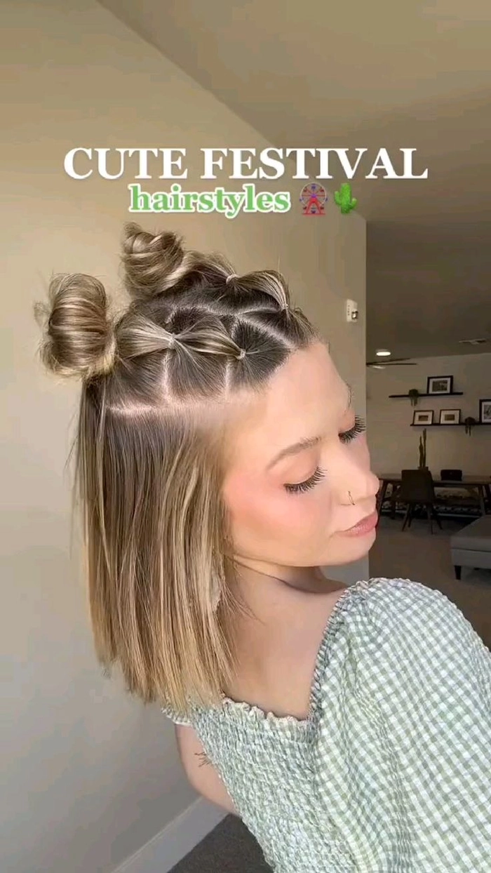 Fast festival hairstyle with braided crown and vibrant accessories A quick festival hairstyle featuring braids and floral accents