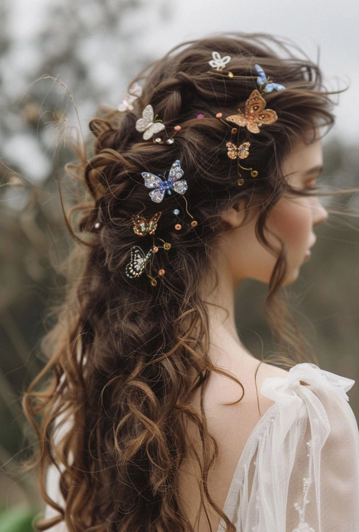 A woman with whimsical festival braids adorned with colorful ribbons and flowers
