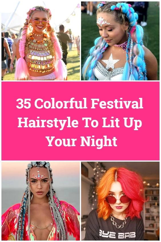 Woman with whimsical braided updo adorned with flowers and glitter at a festival
