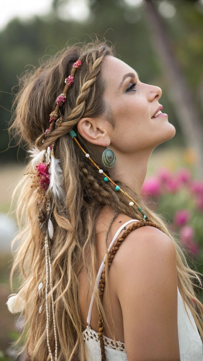 Whimsical festival hairstyle with braids and glitter accents