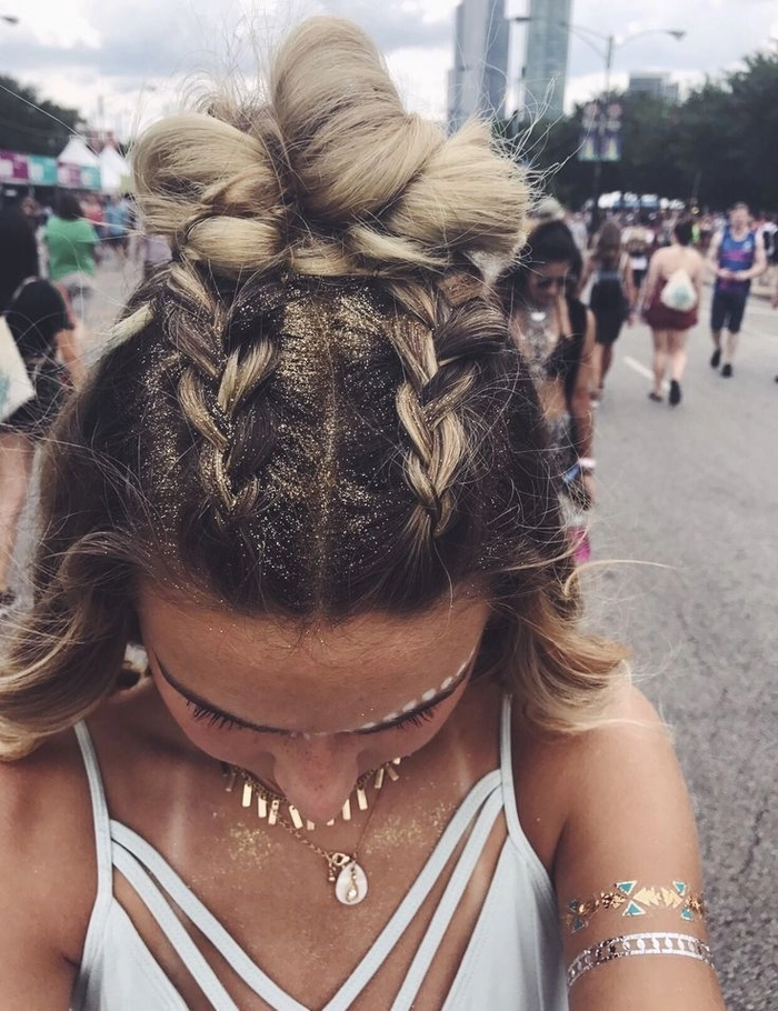 Wind proof festival hairstyle with braided crown and secure pins