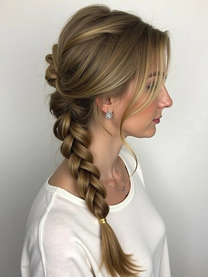 Graduation fishtail braid hairstyle with soft waves and delicate accessories