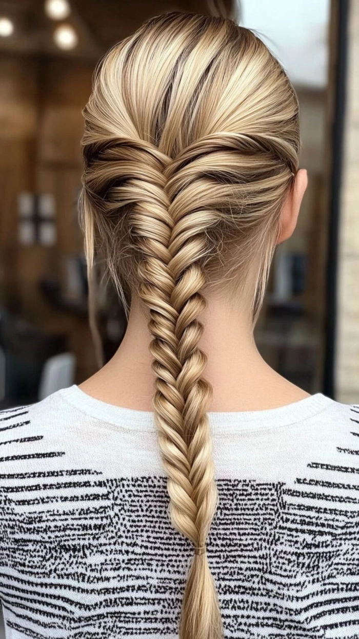 Elegant fishtail braid graduation hairstyle with soft waves