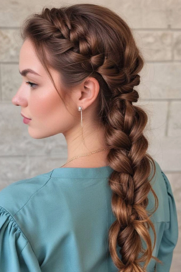 Fishtail braid graduation hairstyle with subtle waves and pearl pins