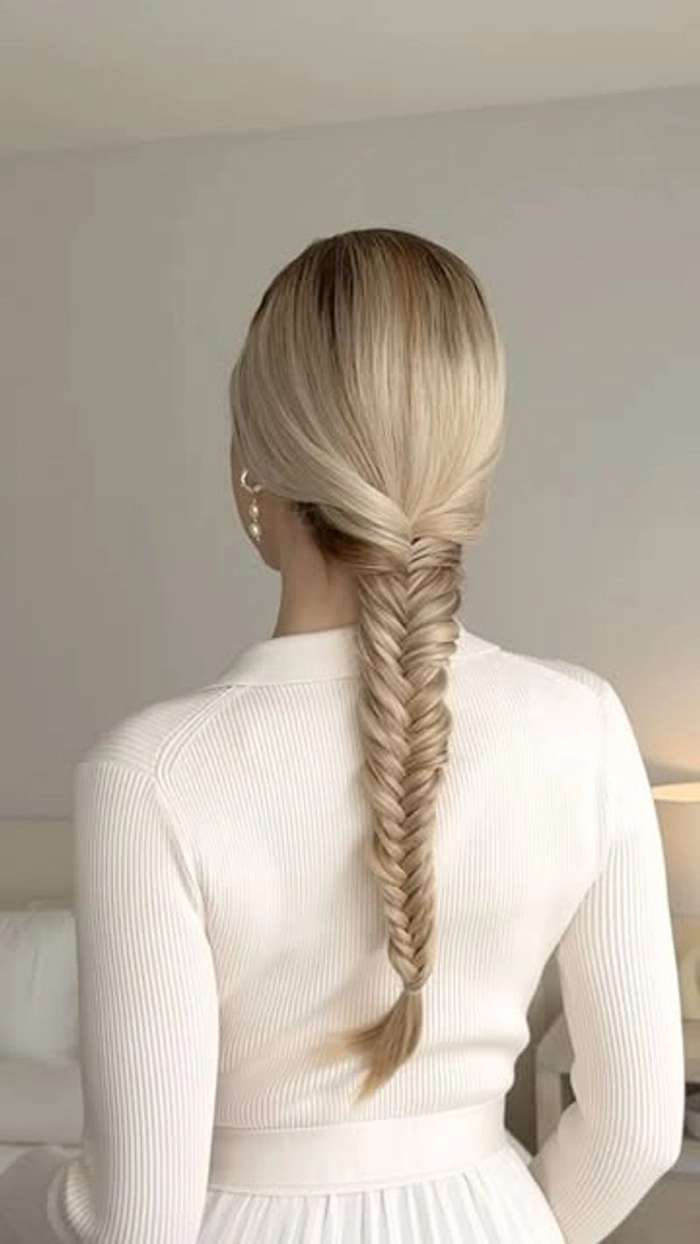 Elegant fishtail braid graduation hairstyle with soft waves and a delicate headpiece