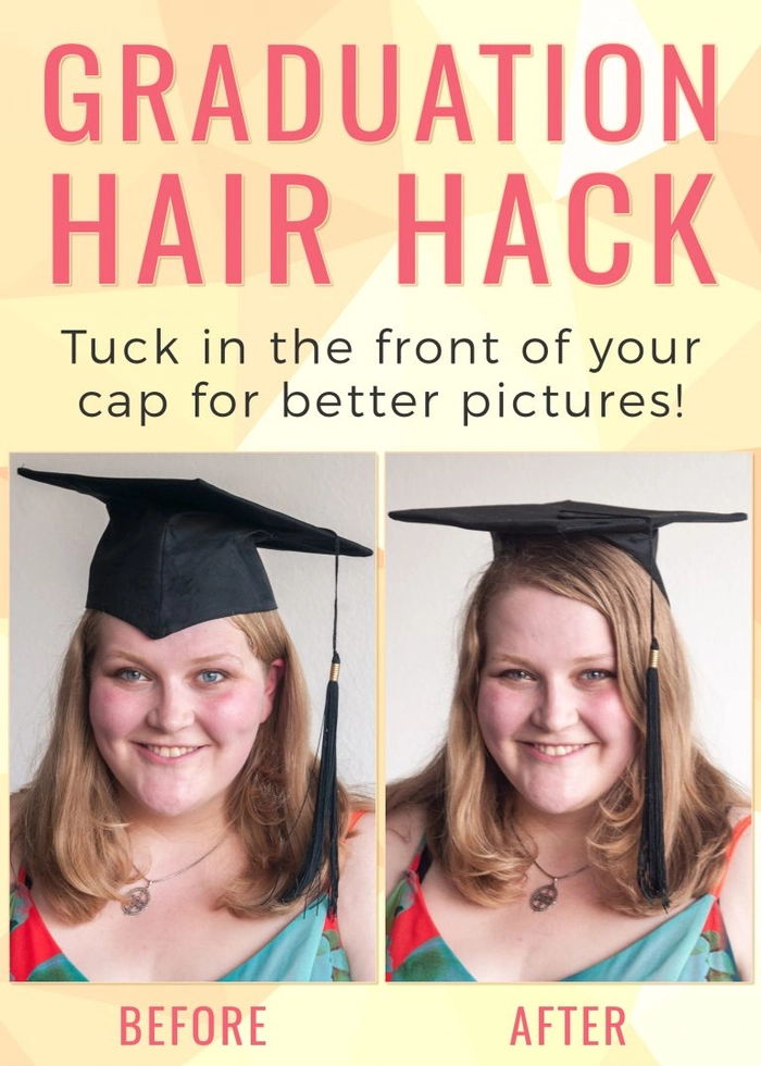 Sleek frizz-controlled graduation hairstyle with smooth waves and a decorative hairpin