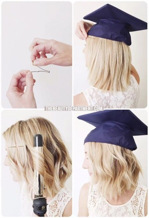 Step-by-step tutorial on graduation cap hair framing techniques for long hair, showing how to style strands around the cap