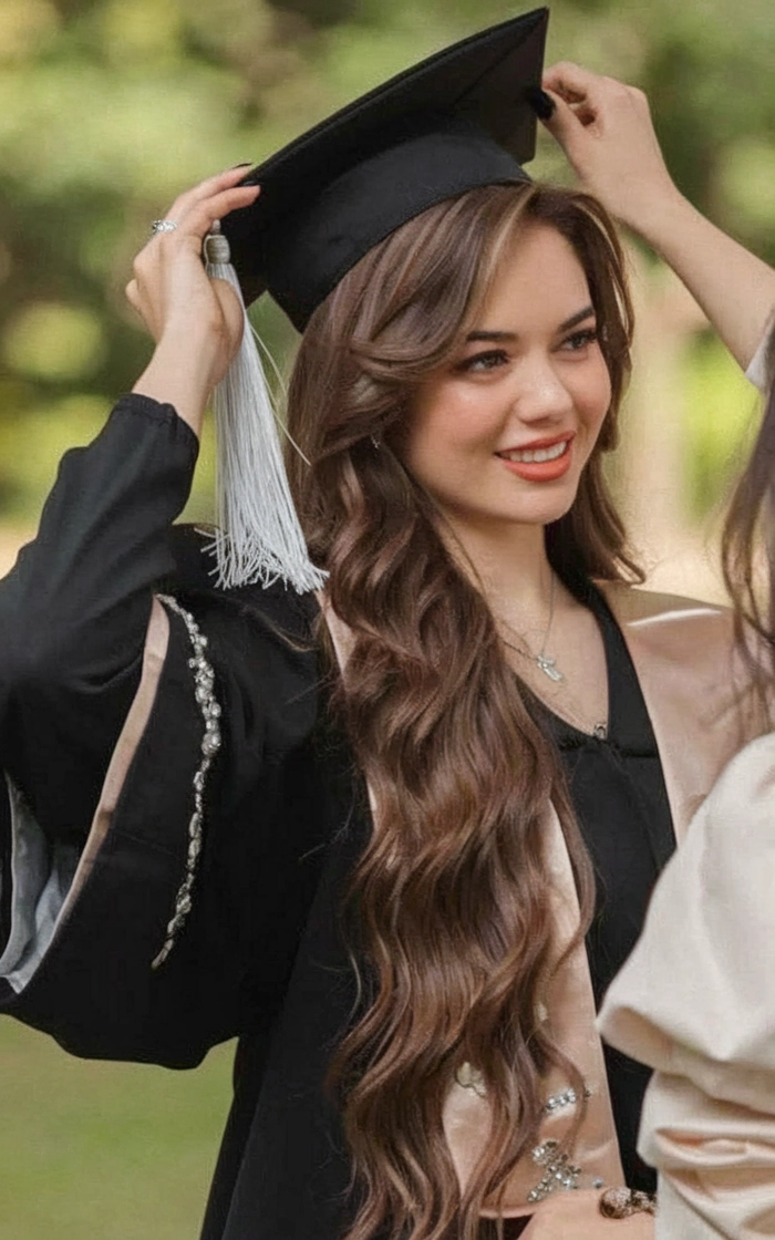 Graduation cap hairstyle featuring intricate braids