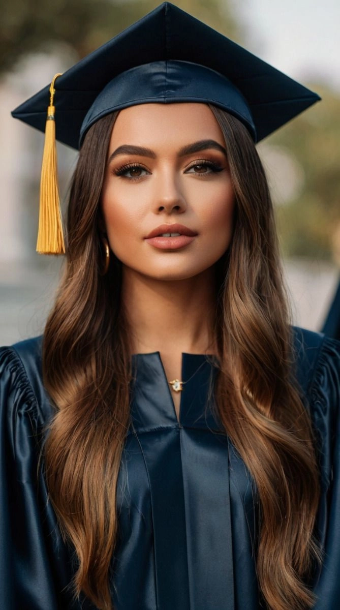 Graduation cap hairstyle for thick hair featuring a low bun