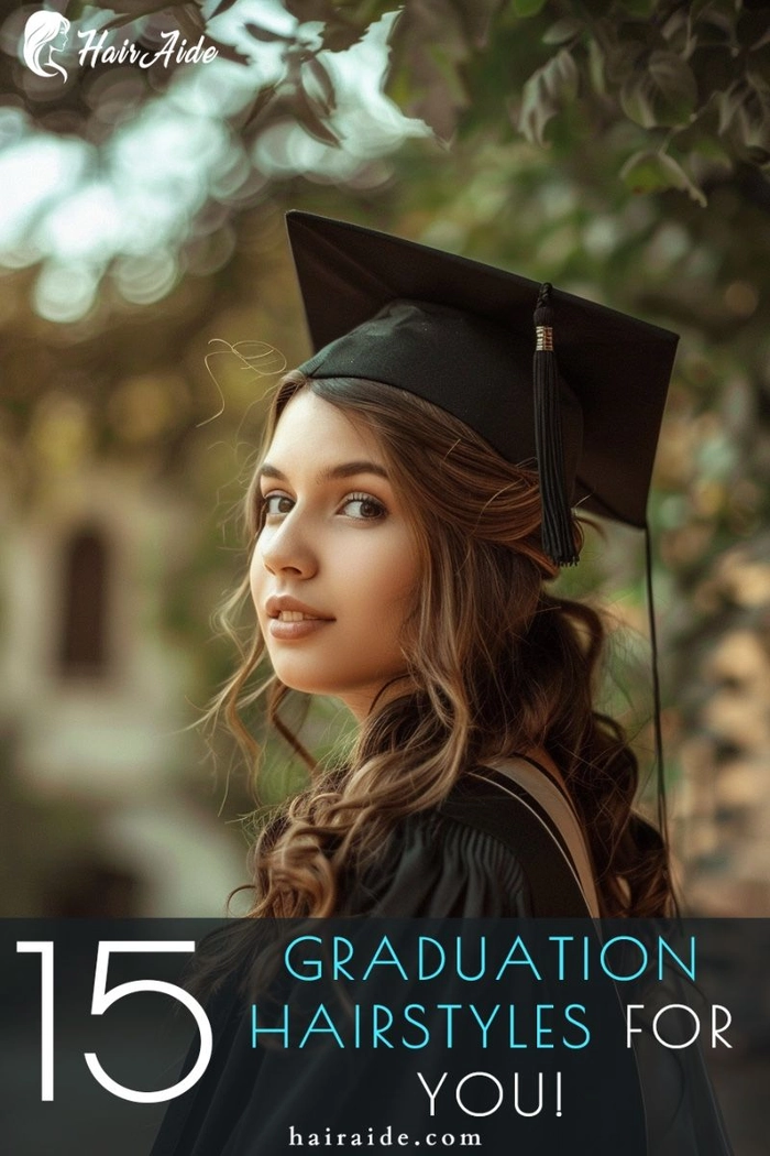 Beautiful thick hair styled under a graduation cap with soft curls