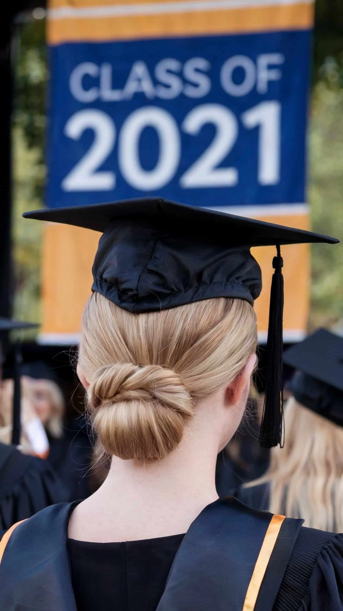 Half-up hairstyle with curls under a graduation cap A graduate with a voluminous half-up hairstyle and graduation cap
