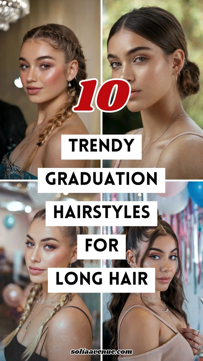 Elegant graduation hairstyle for long hair with soft waves and a floral accent