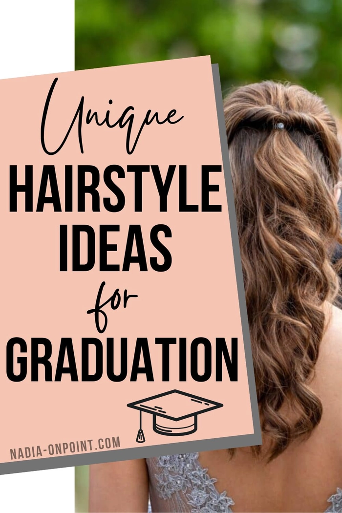 Graduation hairstyle for off shoulder gown showing elegant twisted updo with soft waves