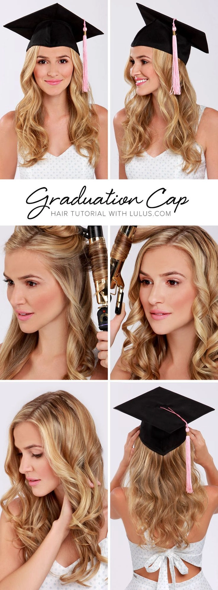 Graduation hairstyle for growing out bangs with soft waves and a side sweep