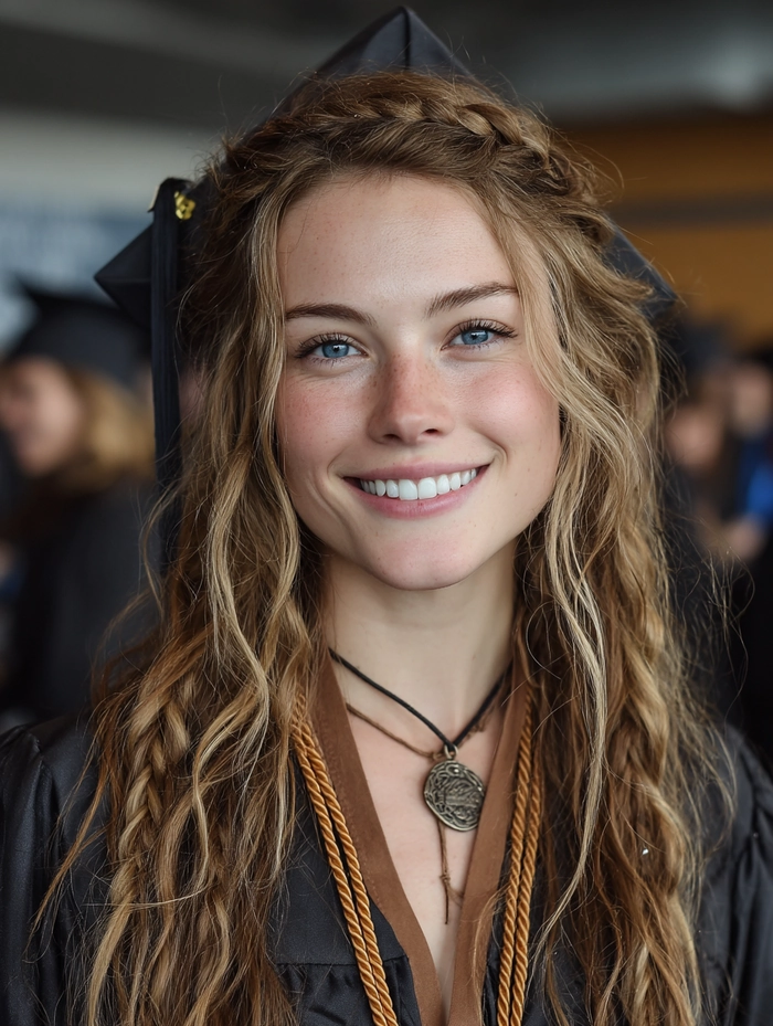 A graduate wearing a sleek low bun with a pearl headband