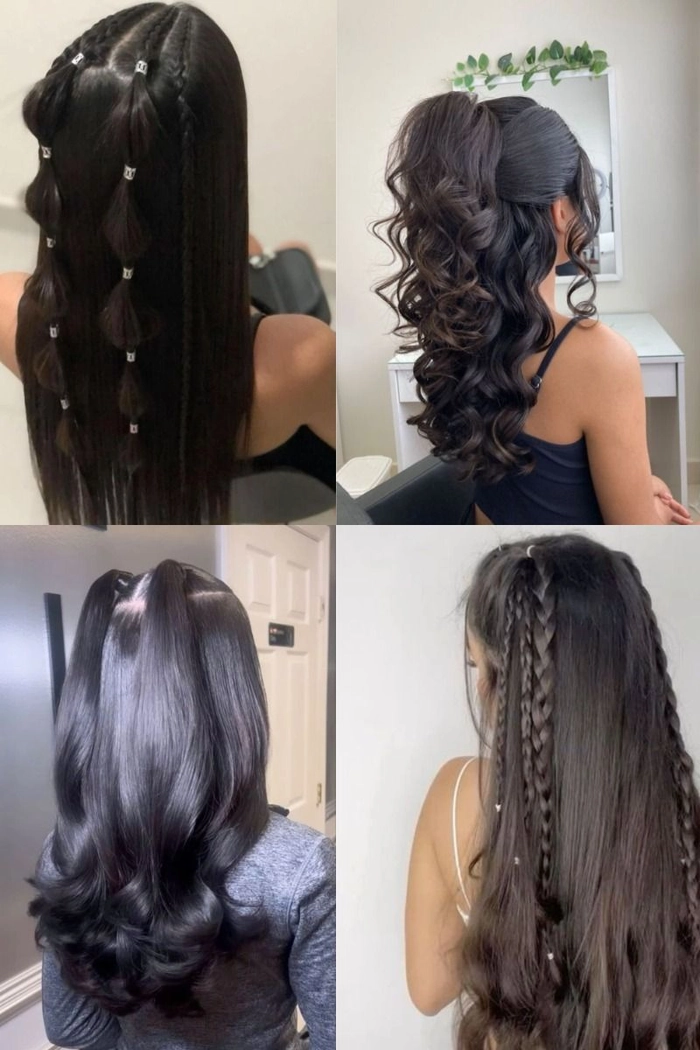 Latina graduation hair featuring voluminous curls and a decorative clip Graduation hairstyle for Latina hair with elegant curls and accessories