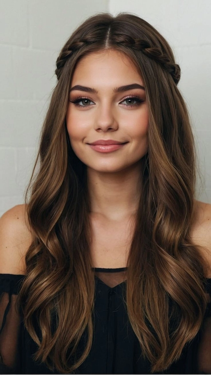 Elegant graduation hairstyle for long hair with cascading curls and a pearl accent