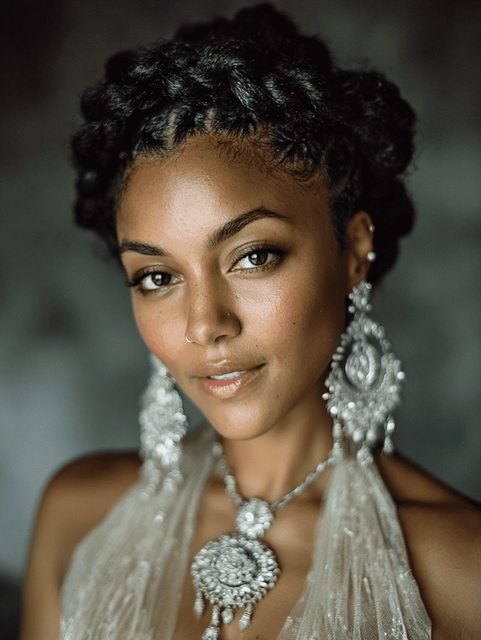 Stylish natural black graduation hairstyle with elegant updo and gold accessories Graduating student with a stylish natural black hair updo and decorative hair accessories