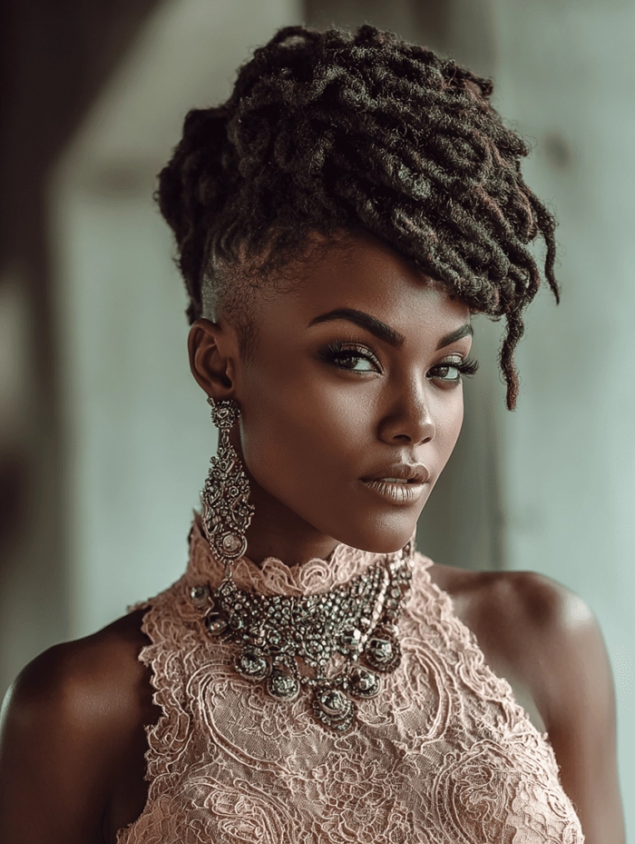 Elegant graduation hairstyle for natural black hair with curly updo and decorative pins Two elegant graduation hairstyles for natural black hair, featuring curly updos and formal accessories