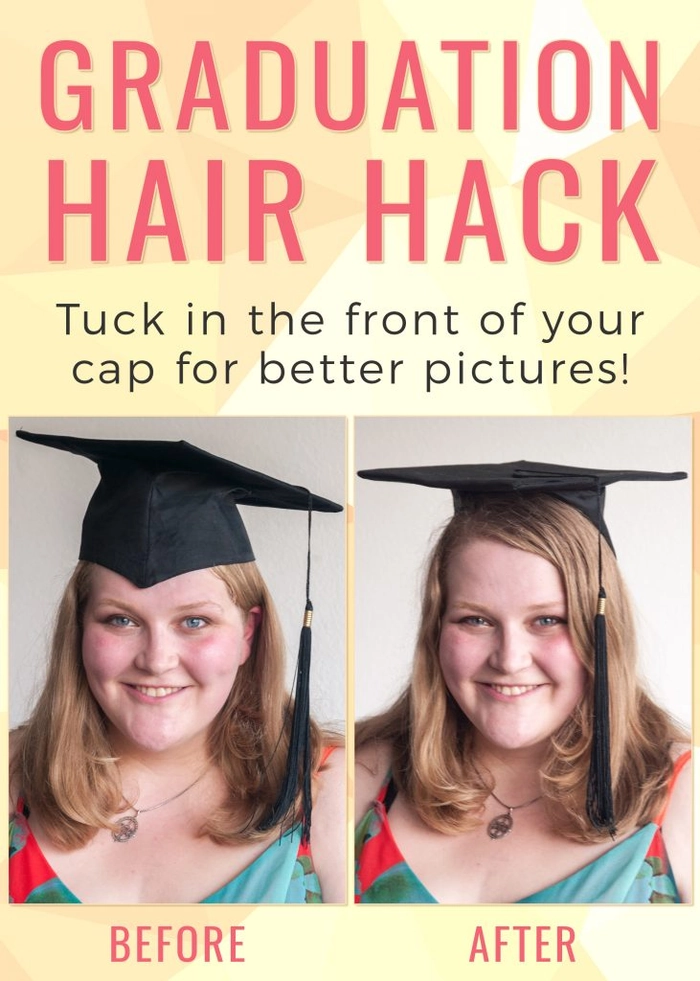 Graduation hairstyle that prevents hat hair, featuring a low braided bun with bobby pins