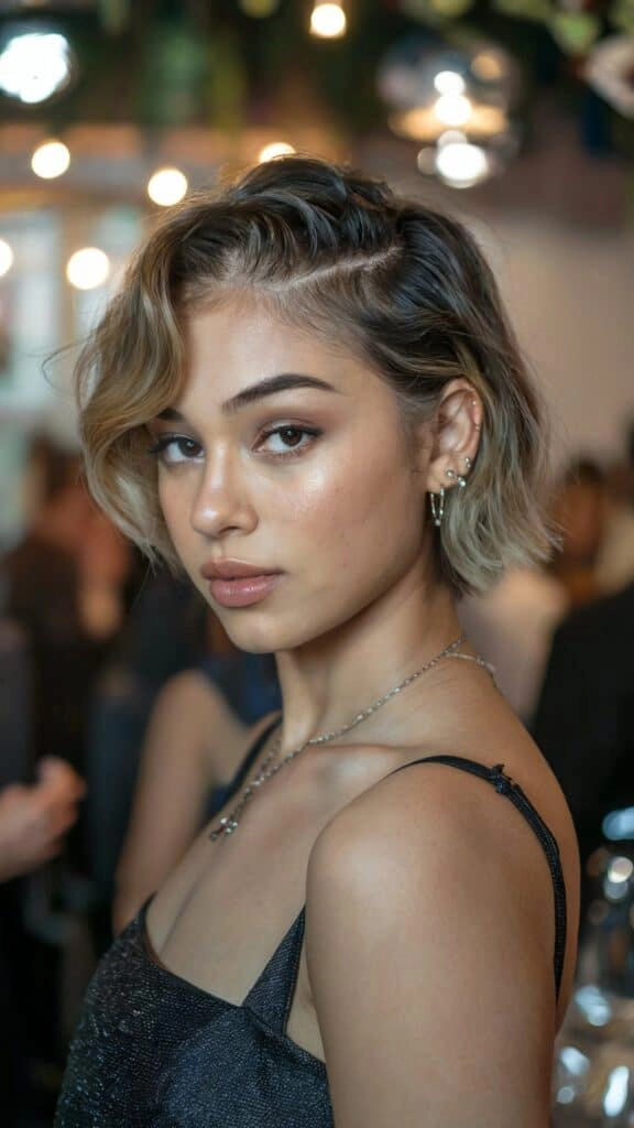 Elegant short graduation hairstyle with soft waves and cap
