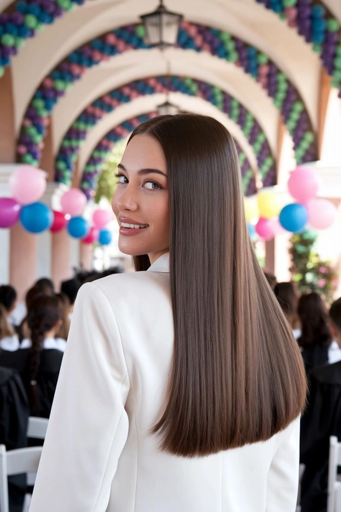 Sleek graduation hairstyle with straight hair and a polished center part