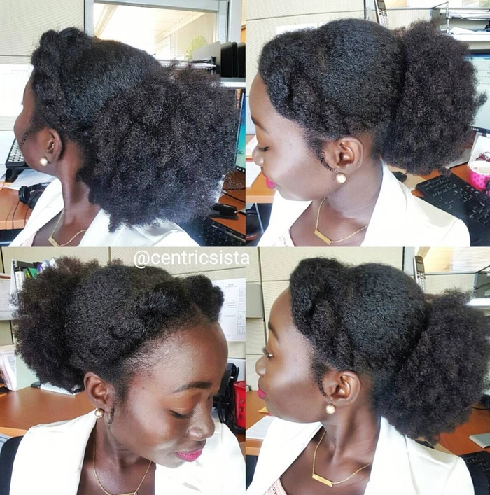 Graduation hairstyle for type 4c hair with a voluminous high puff and subtle gold accessories