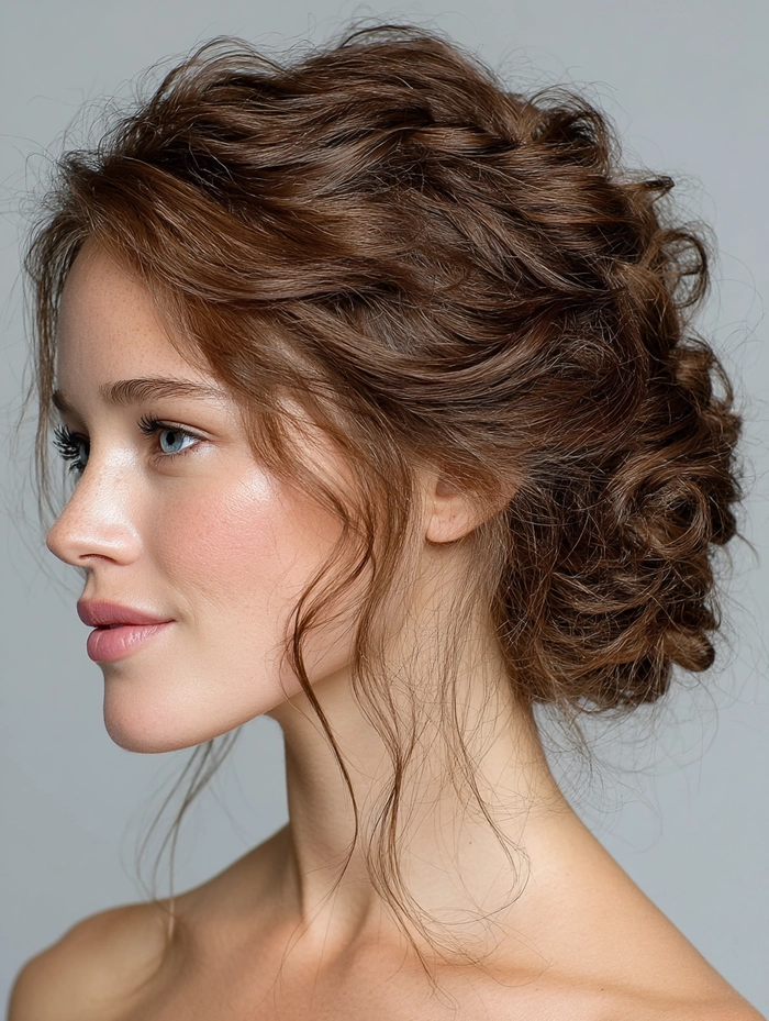 Elegant graduation hairstyle hiding an uneven haircut with soft waves and side part