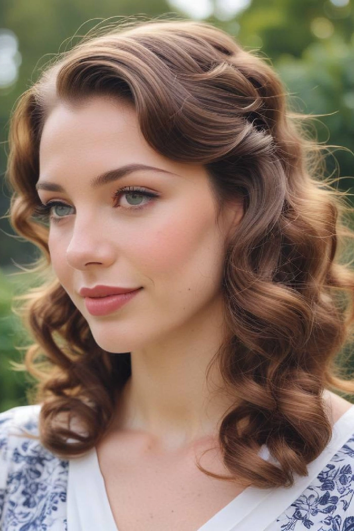 Graduation hairstyle with voluminous wavy hair cascading over the shoulders, featuring soft curls and a side part