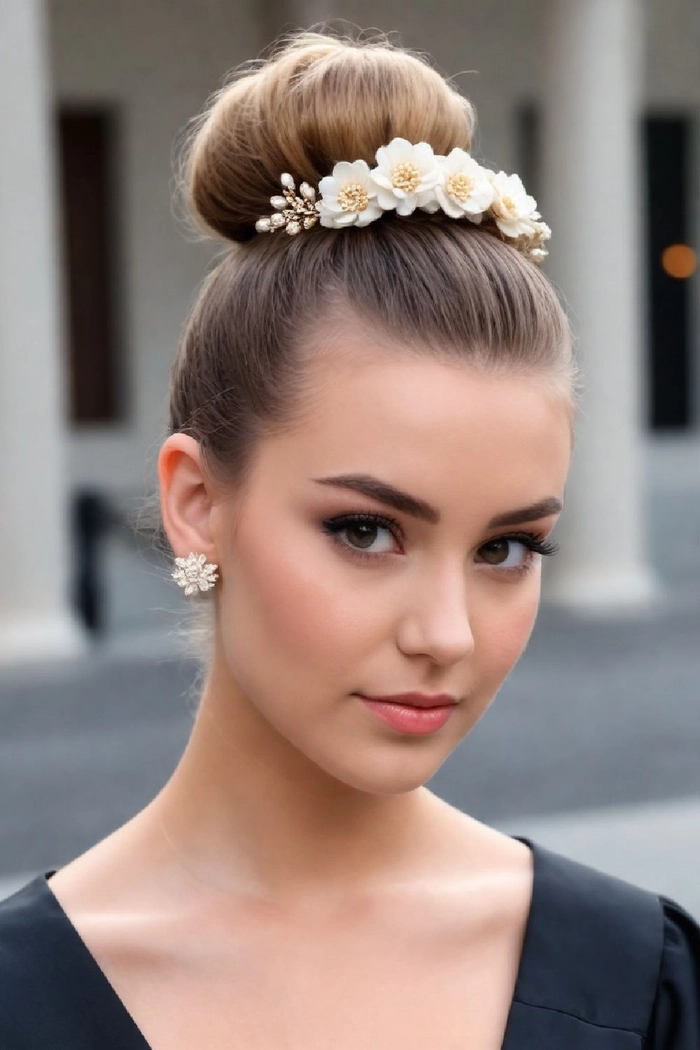 Graduation Hairstyle with Pearl Hairpins - Image 3 Graduation hairstyle with pearl hairpins styled in an elegant updo
