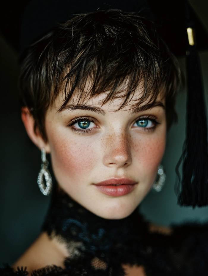 Graduation pixie cut with subtle waves and a shine serum finish
