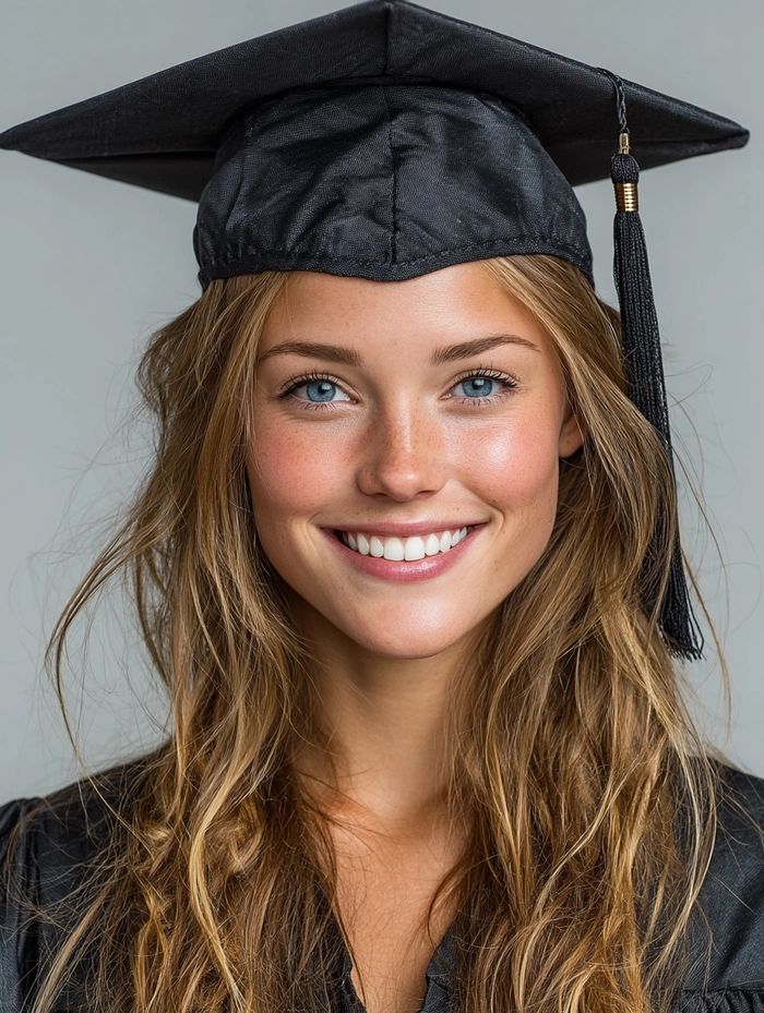 Elegant hair down with graduation cap featuring soft waves and subtle shine for a timeless look
