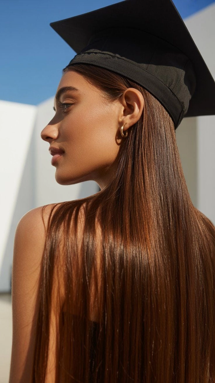 Woman with long straight hair falling down under her graduation cap