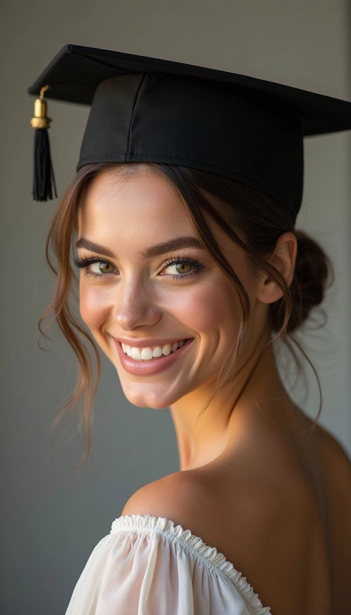 High bun placement for graduation cap, showing how style keeps hair in place under cap