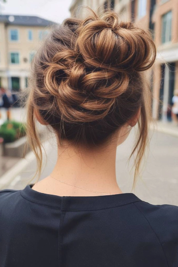 High bun placement styled to fit securely under a graduation cap