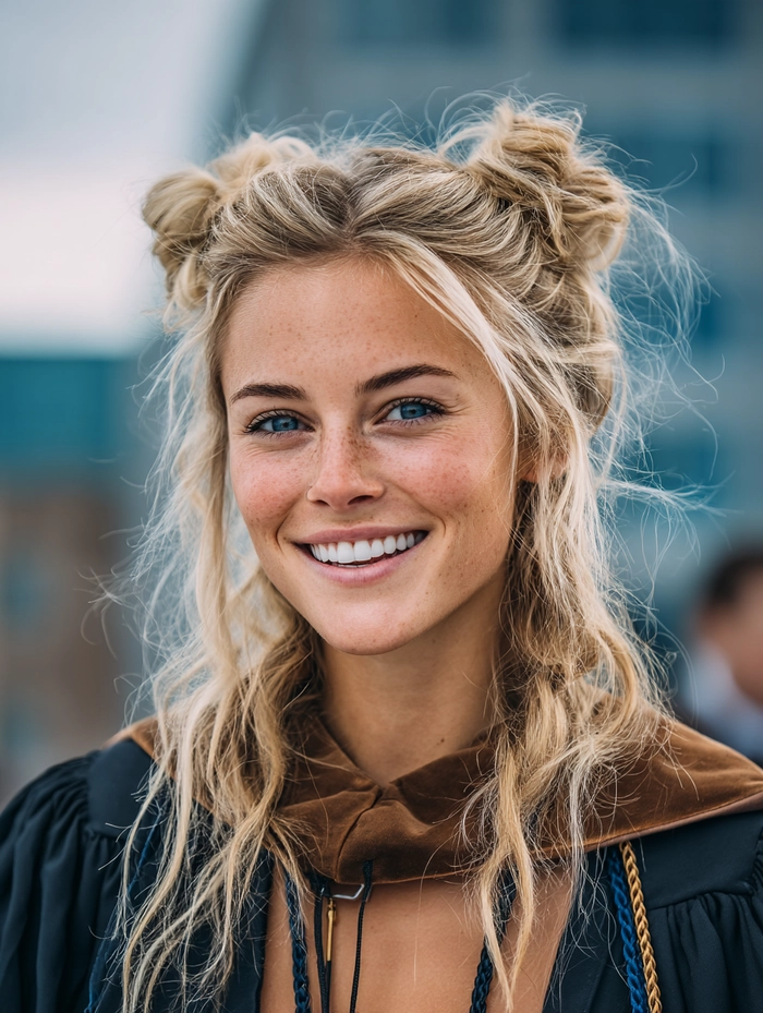 Woman with a high bun hairstyle perfectly positioned under a graduation cap