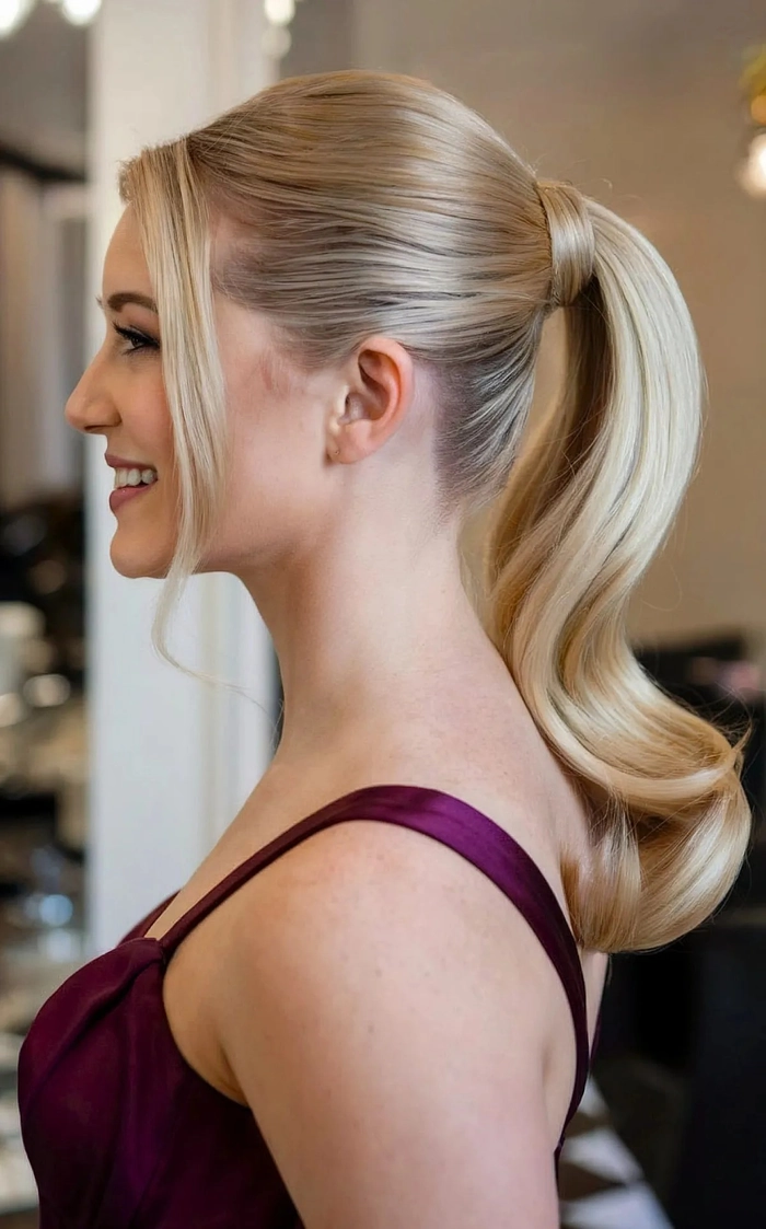 Graduating student with a sleek high ponytail styled for a special ceremony