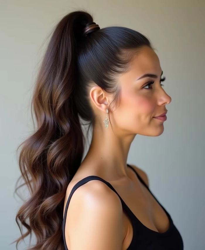 Graduate wearing a sleek high ponytail hairstyle with soft curls for her ceremony
