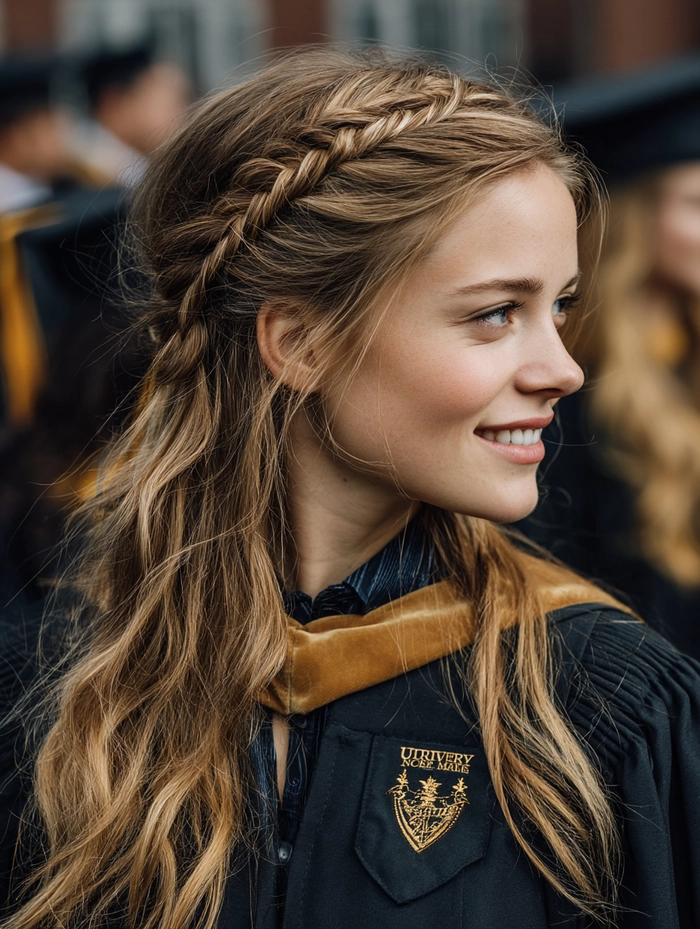 Close-up of a graduation cap styled with hair framing techniques to accentuate the face