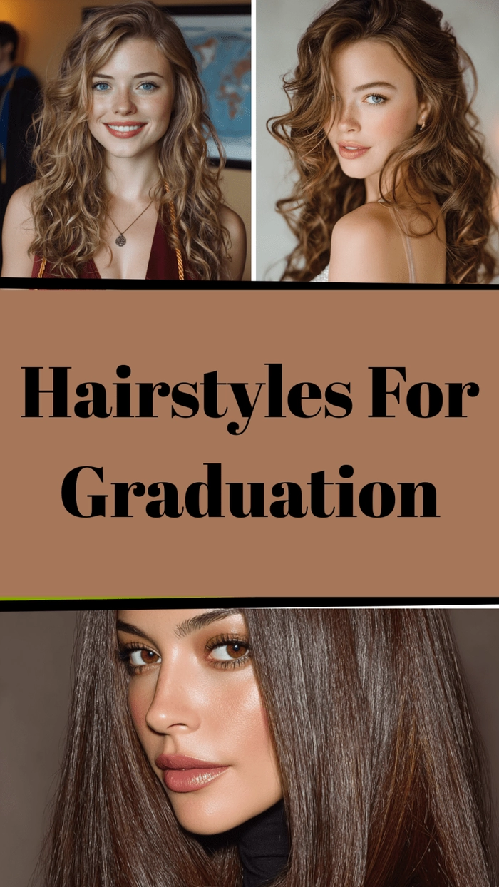 A woman arranging her graduation hairstyle with a curling iron and hairspray on a vanity table
