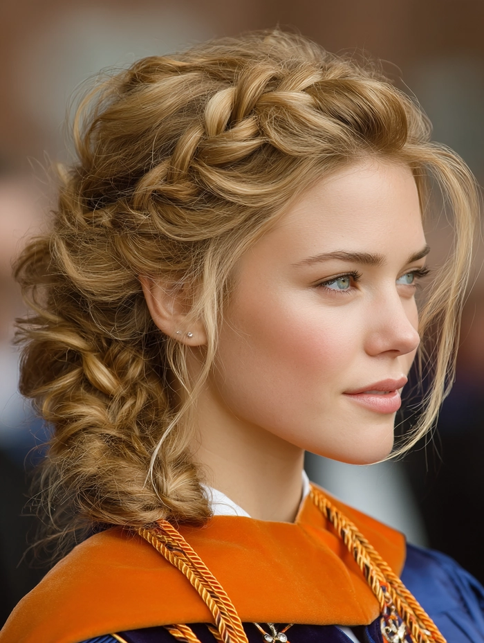 Vintage inspired graduation hairstyle with soft waves and pearl accessories