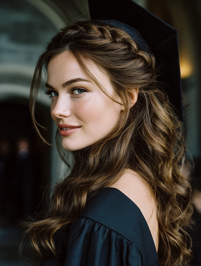 Side swept hairstyle peeking out from under a graduation cap