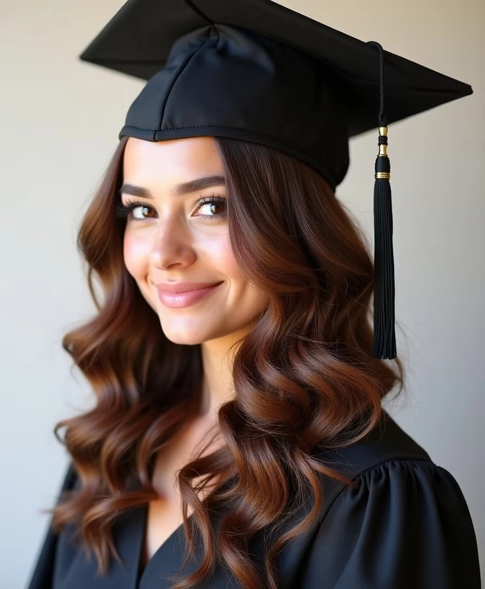 Side swept hair styled under a graduation cap for a chic graduation look