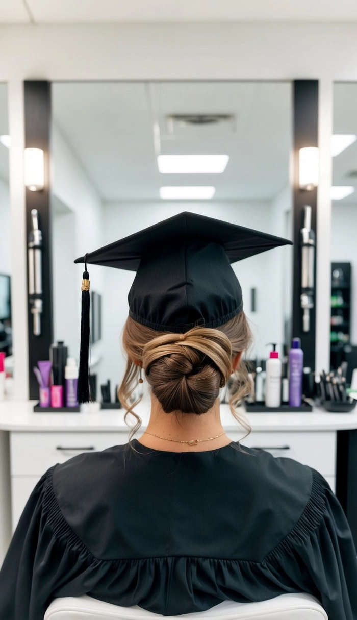 Low bun hairstyle worn under graduation cap