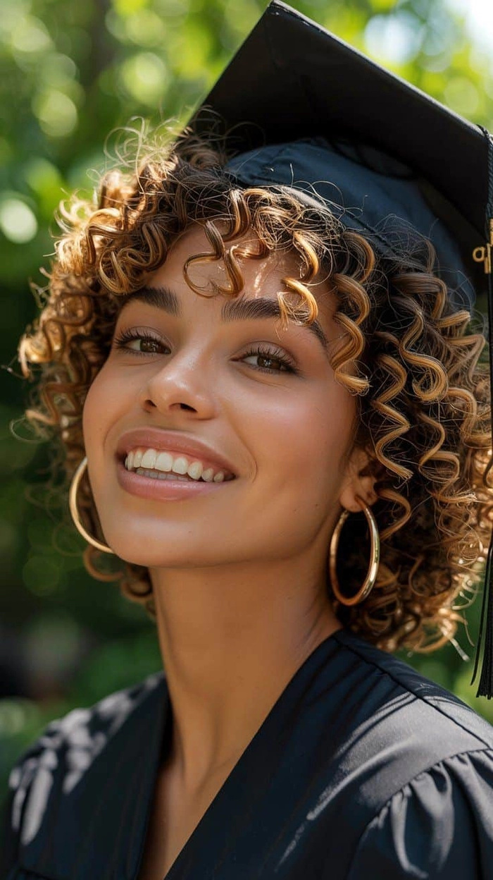 Maximalist graduation hairstyle featuring voluminous curls and gold accessories