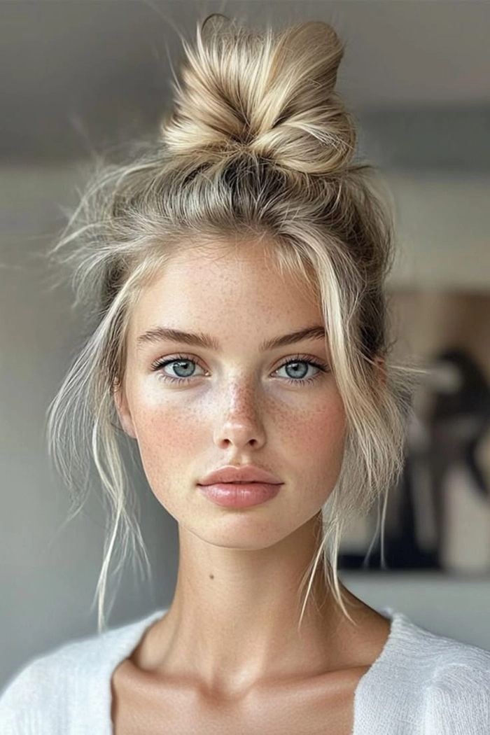 Messy bun graduation hairstyle with soft tendrils and graduation cap