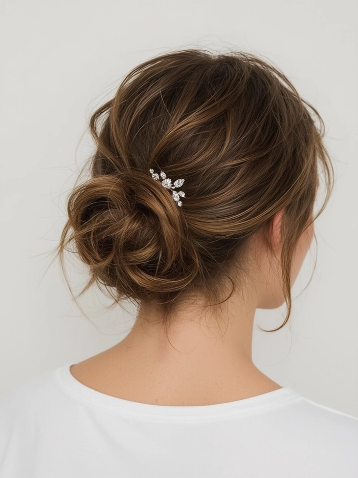 Messy bun graduation hairstyle with soft tendrils and a gold cap