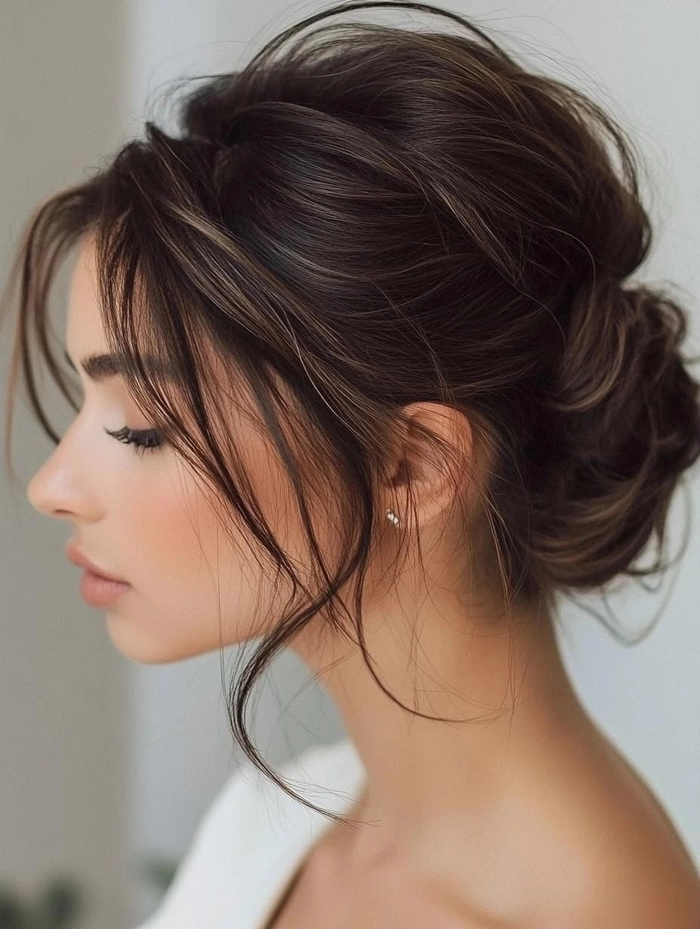 Messy bun graduation hairstyle with soft face-framing tendrils