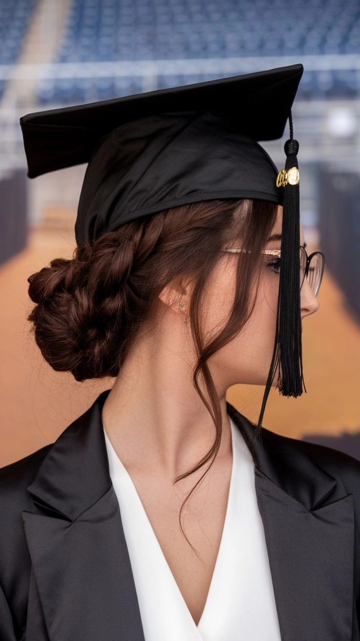 Modern sleek graduation hairstyle with smooth waves and a side part